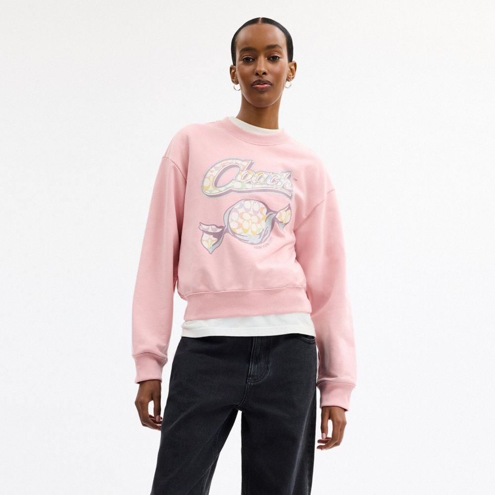 COACH®,Candy Crewneck Sweater,Cotton,Sweatshirt,Logo,Casual,Pink,Scale View