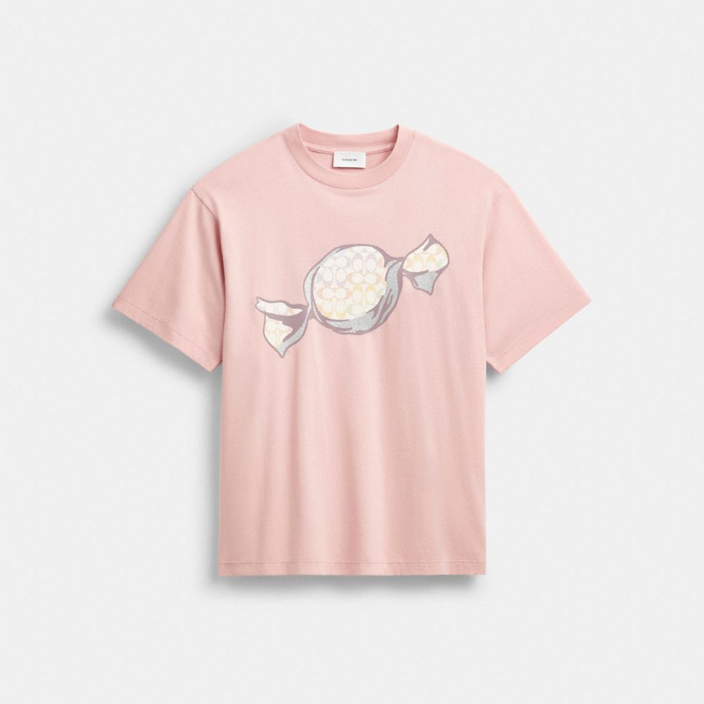 COACH®,Candy Relaxed T-Shirt In Organic Cotton,Organic Cotton,T Shirt,Logo,Casual,Pink,Front View