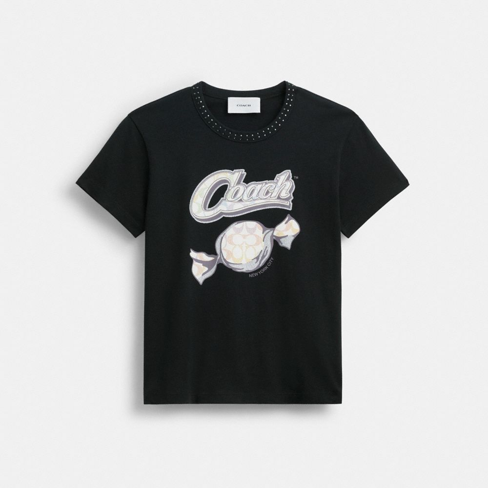 COACH®,Candy 90's Fit T-Shirt In Organic Cotton,Organic Cotton,T Shirt,Logo,Rhinestones,Sustainable,Casual,Black,Front View