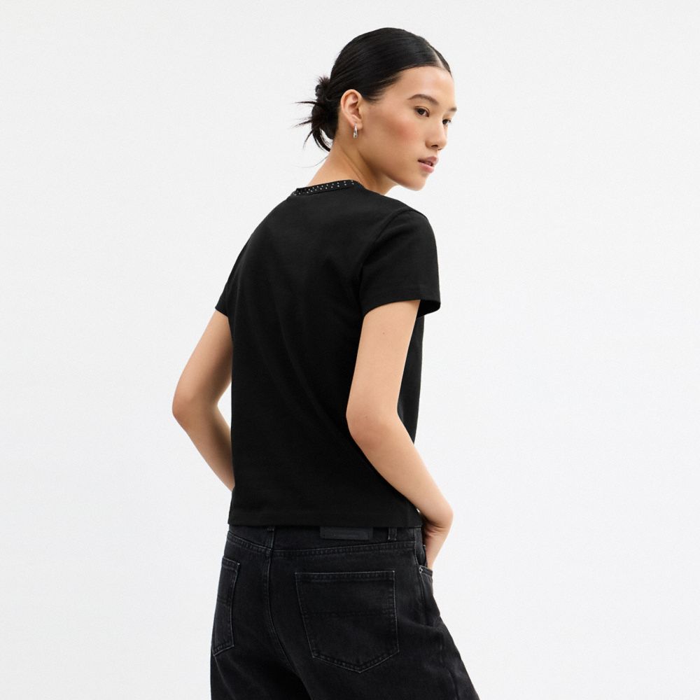 COACH®,Candy 90's Fit T-Shirt In Organic Cotton,Organic Cotton,T Shirt,Logo,Rhinestones,Sustainable,Casual,Black,Scale View