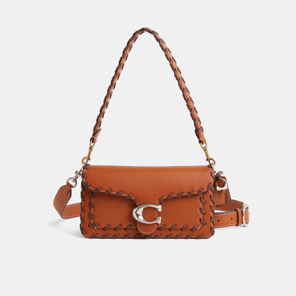 COACH®,Upcrafted Tabby Shoulder Bag 26,Leather,Shoulder Bag,Stitching,Logo,Metal,Whipstitch,Silver Metal,Gold Metal,Day Party,Brown,Front View