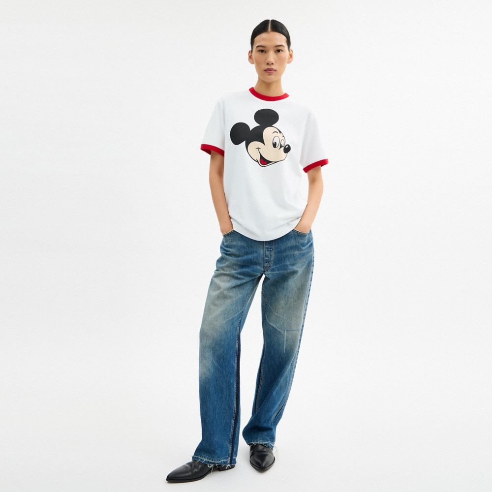 COACH®,Disney X Coach Mickey Graphic Ringer T-Shirt In Organic Cotton,Organic Cotton,T Shirt,Piping,Sustainable,Eco-Friend...,White,Scale View