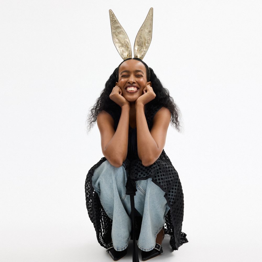 COACH®,Bunny Ears Headband,Leather,Headband,Animal Ears,Bead Embellishment,Sequin,Embellished,Party,Metallic,Champagne,Detail View