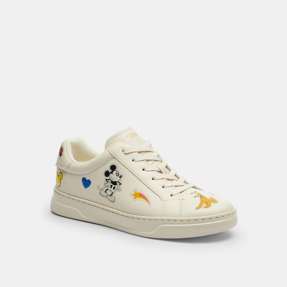 COACH®,Disney X Coach High Line Sneaker With Sticker Print,Leather,EVA,Low Top,Casual,Fabric,Flexible Insole,Flexible,Cush...,Cream,Front View