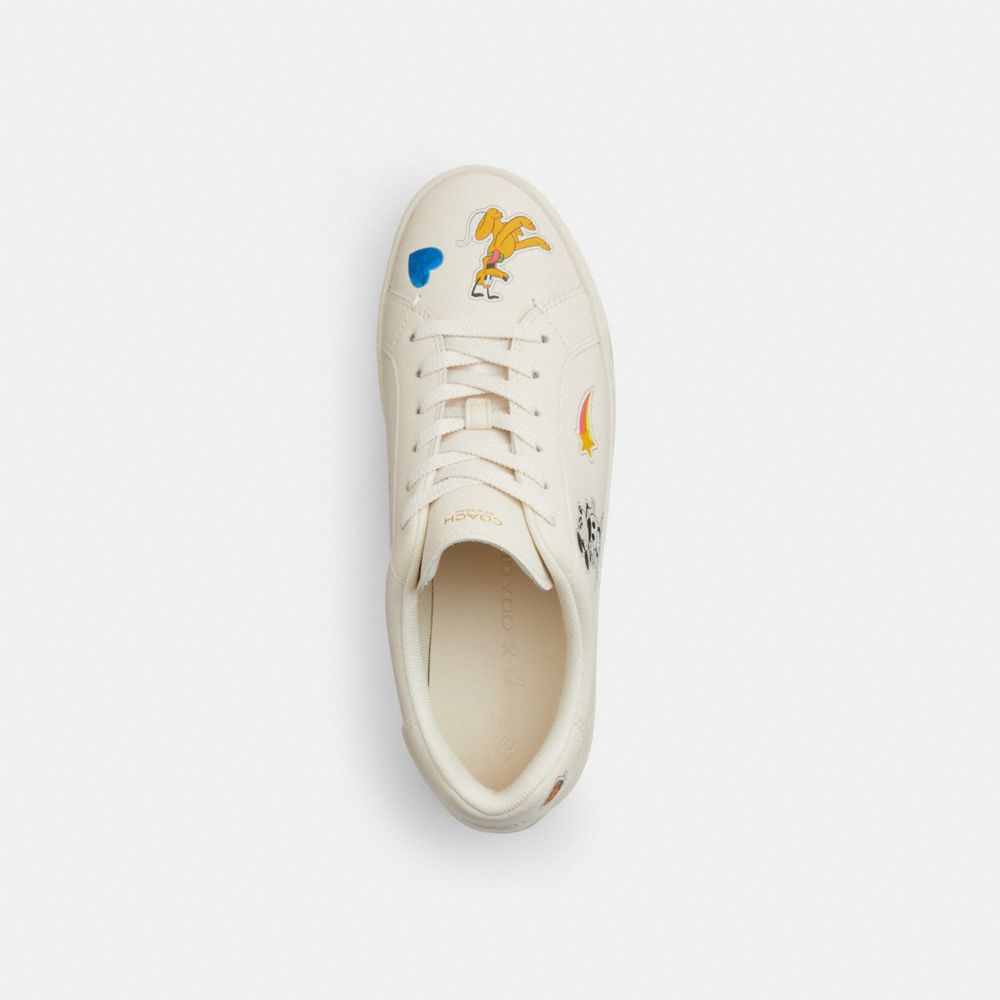 COACH®,Disney X Coach High Line Sneaker With Sticker Print,Leather,EVA,Low Top,Casual,Fabric,Flexible Insole,Flexible,Cush...,Cream,Inside View,Top View