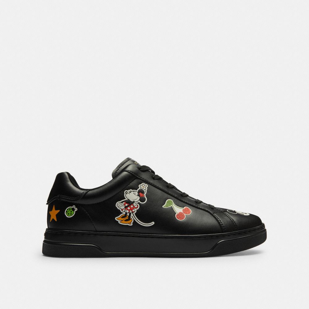 COACH®,Disney X Coach High Line Sneaker With Sticker Print,Leather,EVA,Low Top,Casual,Glitter,Cushioned,Cushioned Outsole,...,Black,Angle View
