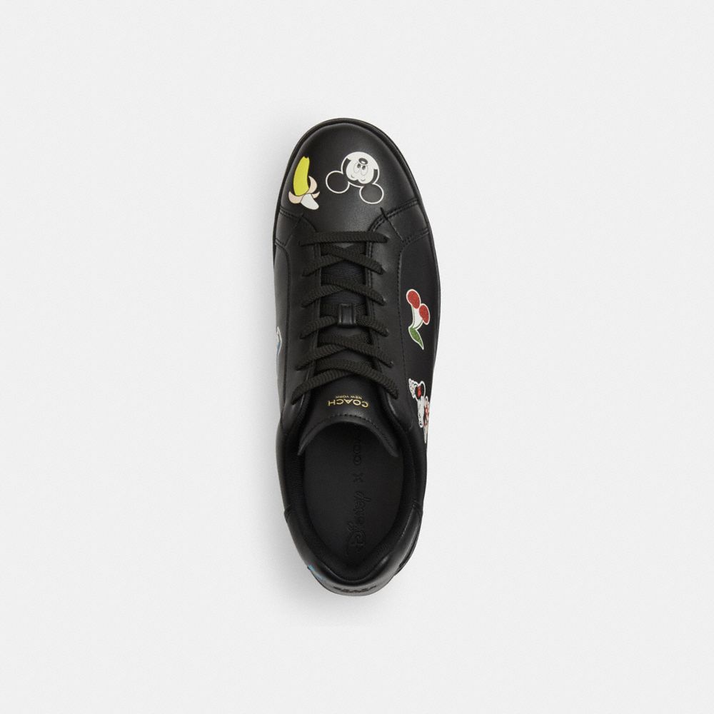COACH®,Disney X Coach High Line Sneaker With Sticker Print,Leather,EVA,Low Top,Casual,Glitter,Cushioned,Cushioned Outsole,...,Black,Inside View,Top View