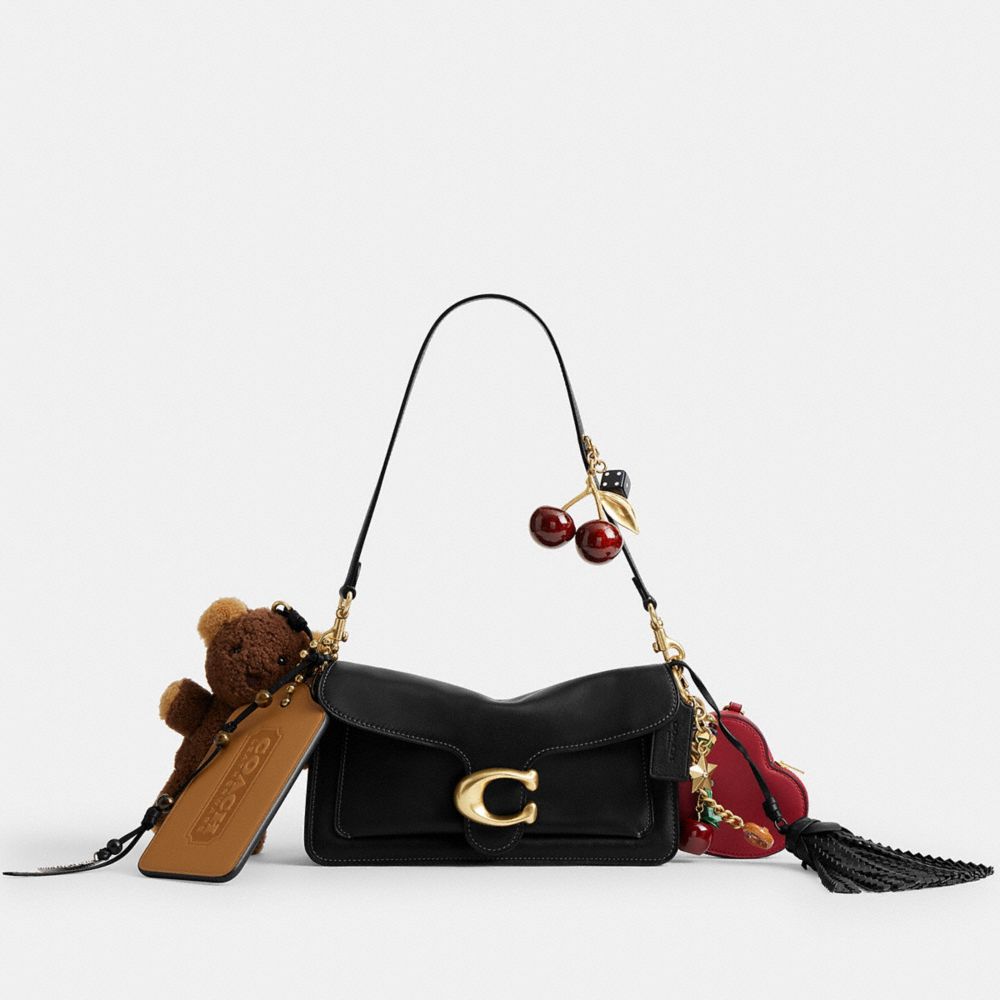 COACH®,Tabby Shoulder Bag 26 With Charms,Leather,Shearling,Shoulder Bag,3D Embellishment,Metal,Tassel,Logo,Pendant,Embelli...,Black,Front View