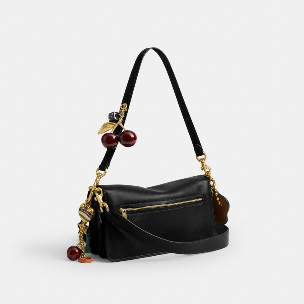 COACH®,Tabby Shoulder Bag 26 With Charms,Leather,Shearling,Shoulder Bag,3D Embellishment,Metal,Tassel,Logo,Pendant,Embelli...,Black,Angle View