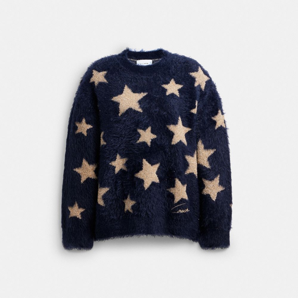 COACH®,Star Crewneck Sweater,Metal,Polyamide,Sweater,Pullover,Glitter,Embellished,Casual,Navy,Front View