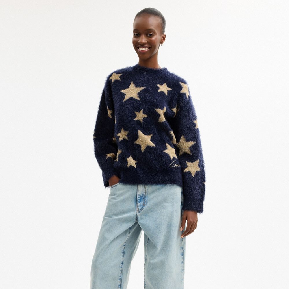COACH®,Star Crewneck Sweater,Metal,Polyamide,Sweater,Pullover,Glitter,Embellished,Casual,Navy,Scale View