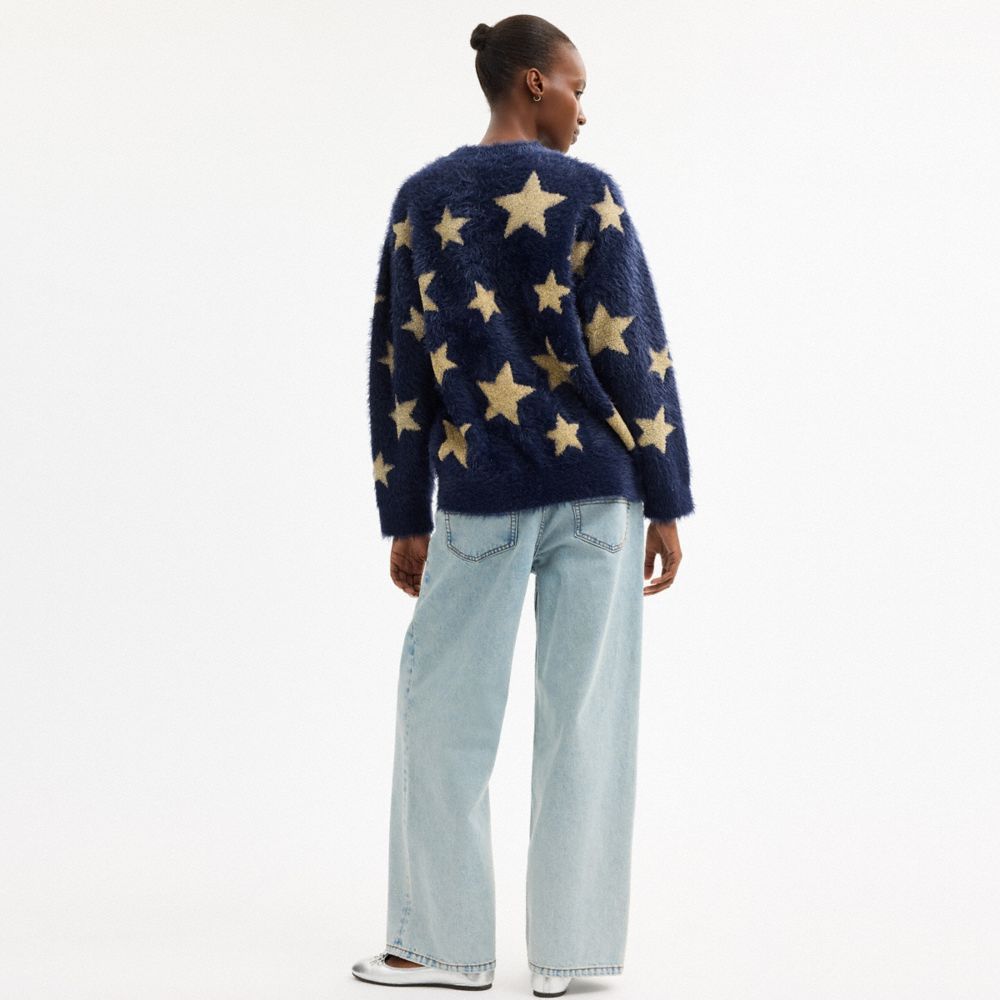 COACH®,Star Crewneck Sweater,Metal,Polyamide,Sweater,Pullover,Glitter,Embellished,Casual,Navy,Scale View