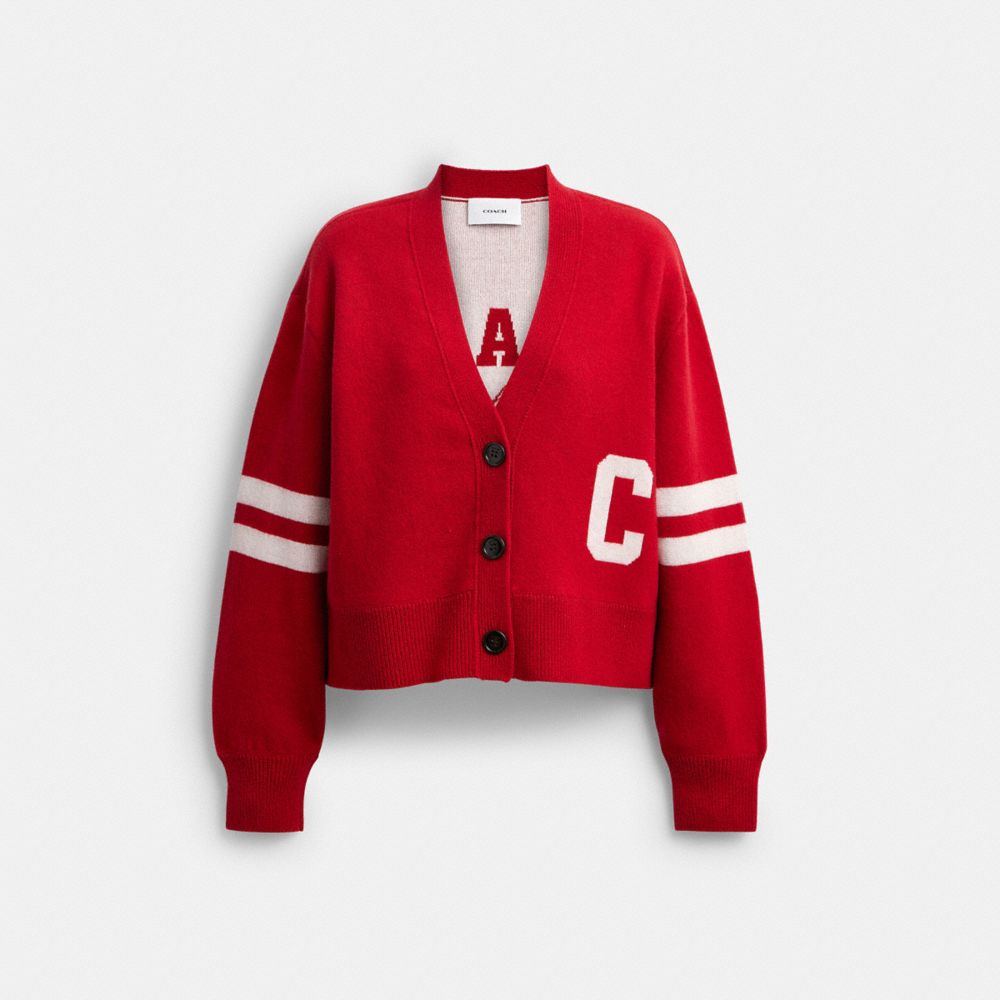 COACH®,Horse And Carriage Cropped Cardigan,Knit,Cashmere,Recycled Cotton,Cashmere Blend,Soft Wool,Cotton Knit,Cardigan,Log...,Red,Front View