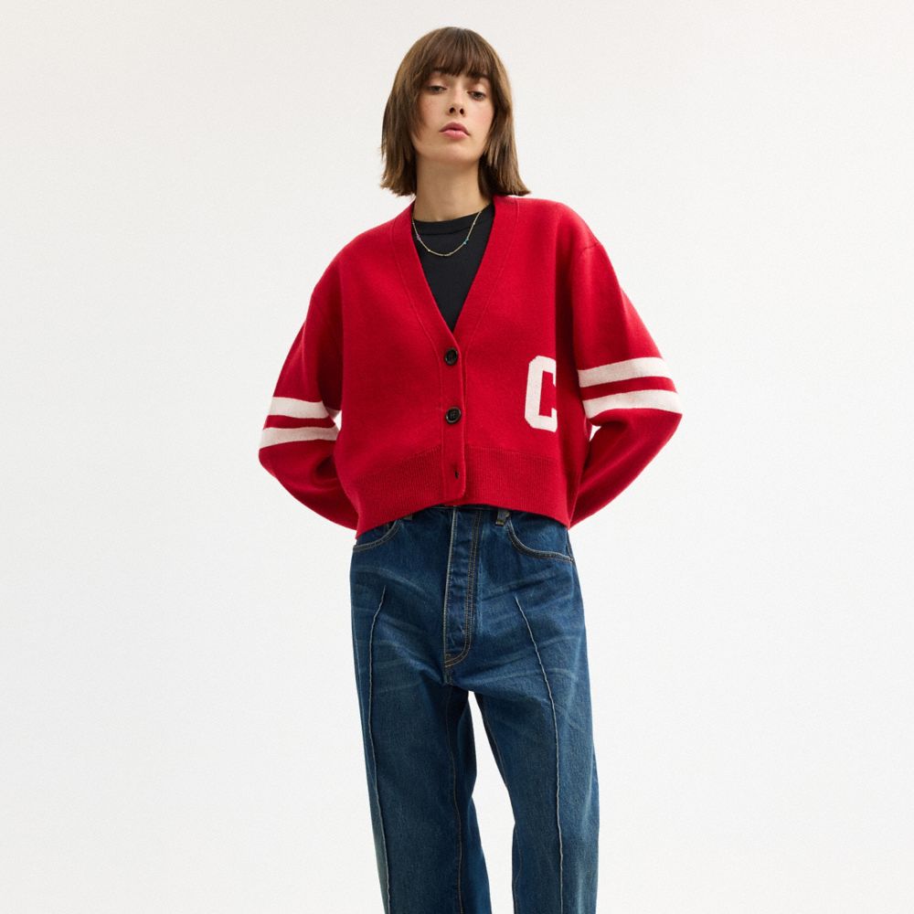 COACH®,Horse And Carriage Cropped Cardigan,Knit,Cashmere,Recycled Cotton,Cashmere Blend,Soft Wool,Cotton Knit,Cardigan,Log...,Red,Scale View