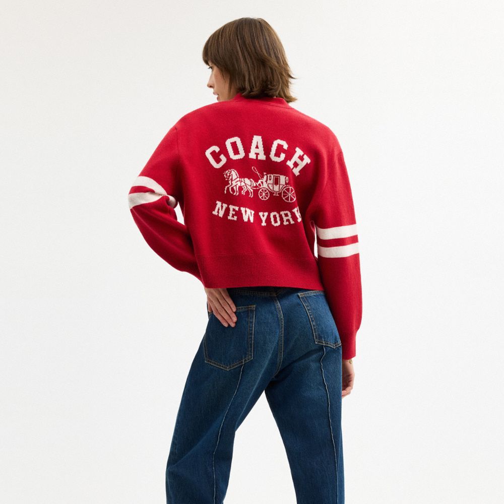 COACH®,Horse And Carriage Cropped Cardigan,Knit,Cashmere,Recycled Cotton,Cashmere Blend,Soft Wool,Cotton Knit,Cardigan,Log...,Red,Scale View