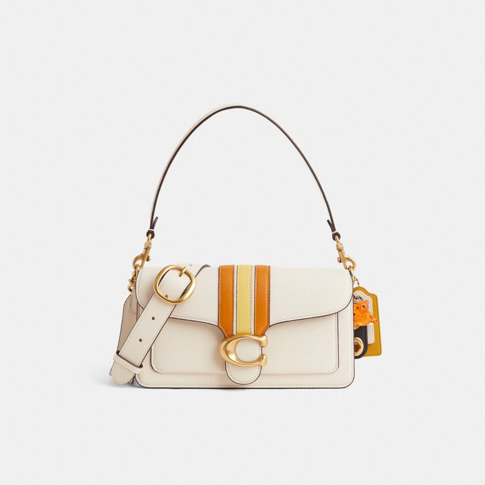 COACH®,Upcrafted Tabby Shoulder Bag 26,Leather,Shoulder Bag,Stripe,Gold Metal,Day Party,Cream,Front View
