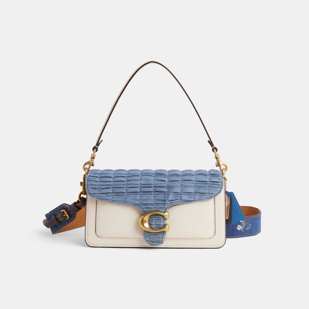 COACH®,Upcrafted Tabby Shoulder Bag 26,Leather,Denim,Shoulder Bag,Logo,Mixed Media,Metal,Color Block,Ruched,Lined,Sustaina...,Cream,Front View
