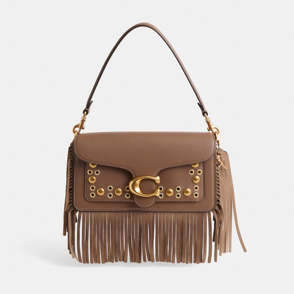 COACH®,Upcrafted Tabby Shoulder Bag 26,Leather,Shoulder Bag,Logo,Metal,Studded,Fringe,Grommet,Gold Metal,Day Party,Brown,Front View