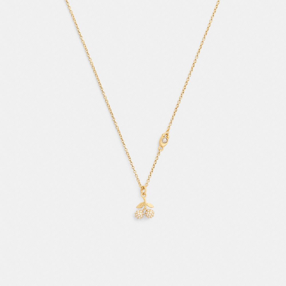 COACH®,Pavé Cherry Pendant Necklace,Single Strand,Glass,Cubic Zirconia,3D Embellishment,Logo,Novelty Embellishment,Letteri...,Gold,Front View