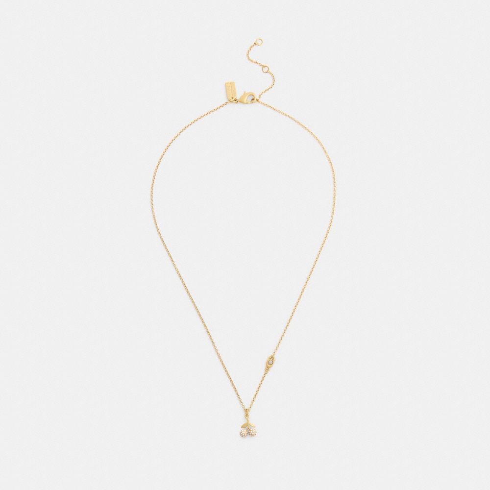 COACH®,Pavé Cherry Pendant Necklace,Single Strand,Glass,Cubic Zirconia,3D Embellishment,Logo,Novelty Embellishment,Letteri...,Gold,Inside View,Top View