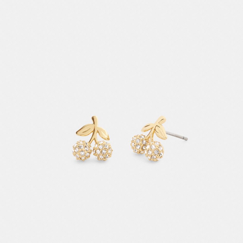 COACH®,Pavé Cherry Stud Earrings,Studs,Cubic Zirconia,Crystal,Glass,3D Embellishment,Novelty Embellishment,Gem Embellishme...,Gold,Front View