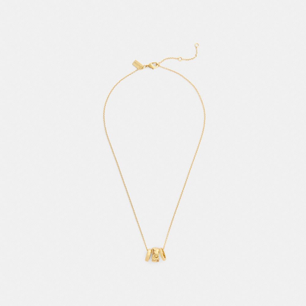 COACH®,Braided Signature Rondell Pendant Necklace,Single Strand,Glass,Cubic Zirconia,Logo,Gem Embellishment,Brass Gold,Casual,White,Inside View,Top View