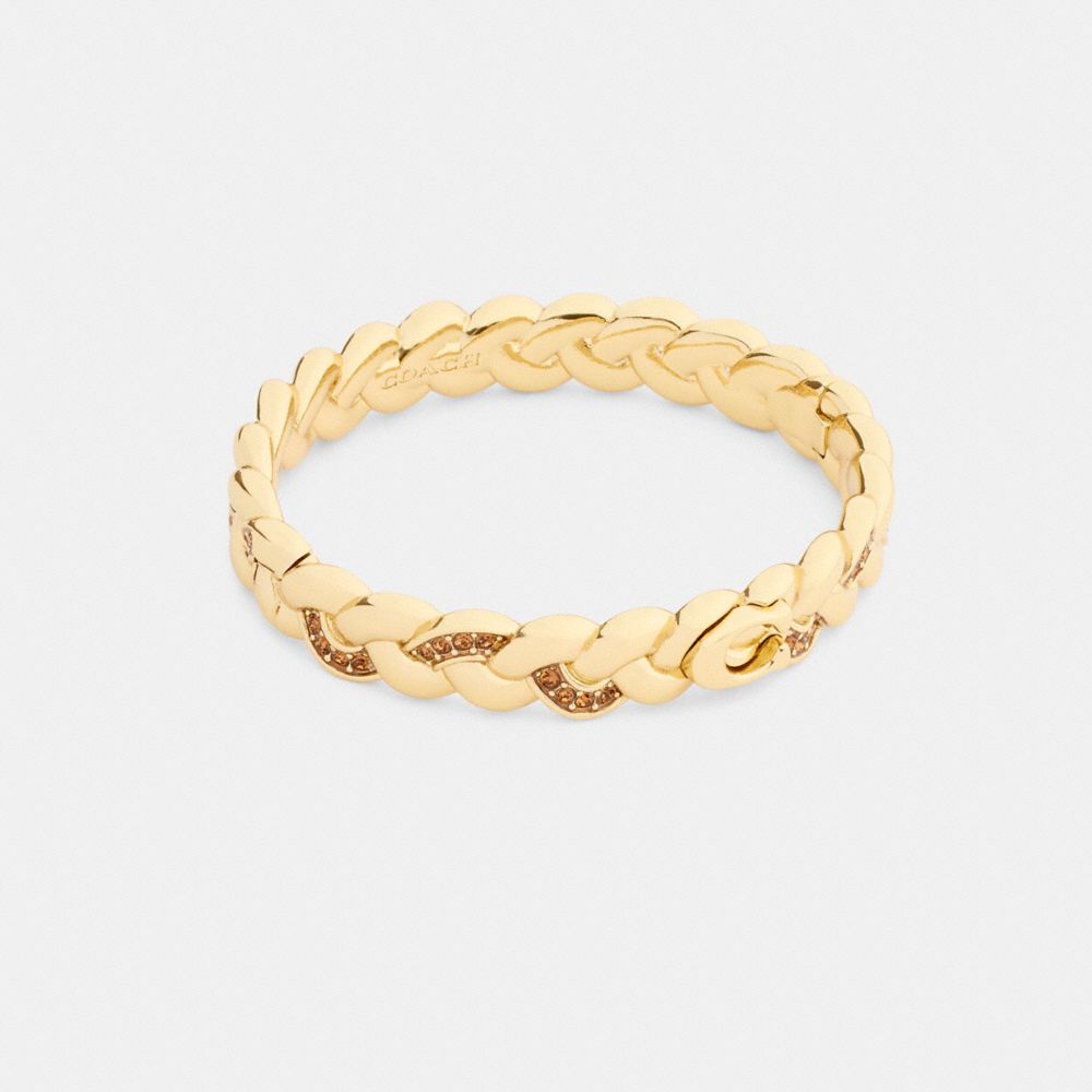 COACH®,Braided Signature Hinged Bangle,Crystal,Cubic Zirconia,Glass,Enamel,Gem Embellishment,Braided,Stackable,Brass Gold,...,Gold,Front View