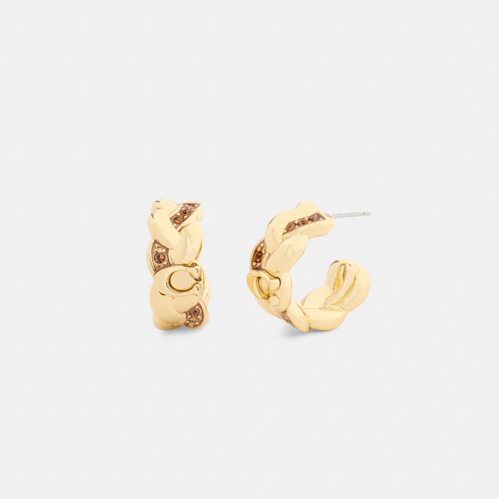COACH®,Braided Signature Hoop Earrings,Hoops,Huggies,Crystal,Cubic Zirconia,Glass,Enamel,Lettering Word,Initials Embellish...,Gold,Front View