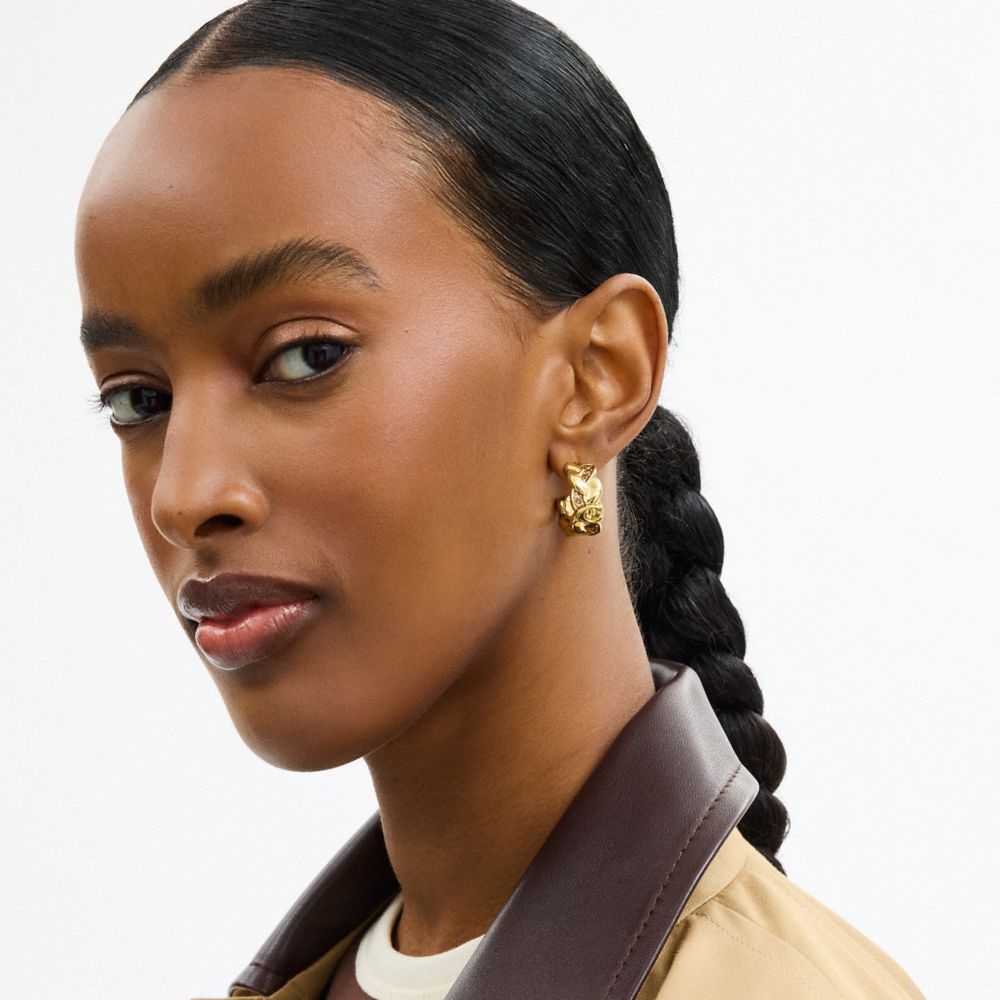 COACH®,Braided Signature Hoop Earrings,Hoops,Huggies,Crystal,Cubic Zirconia,Glass,Enamel,Lettering Word,Initials Embellish...,Gold,Detail View