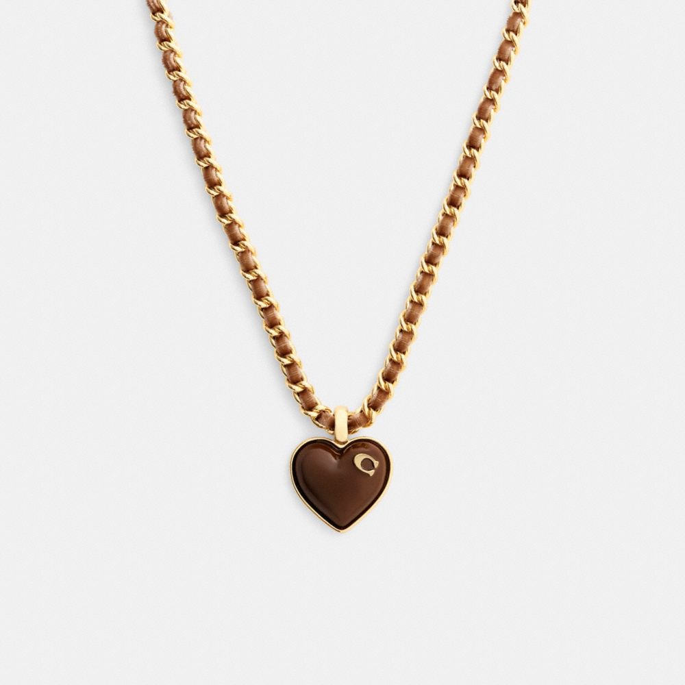 COACH®,Bold Signature Heart Mixed Chain Necklace,Single Strand,Resin,Cubic Zirconia,Fabric Embellishment,Logo,Initials Emb...,Brown,Front View