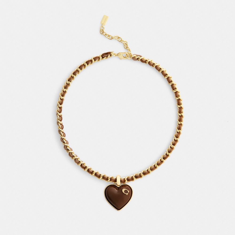 COACH®,Bold Signature Heart Mixed Chain Necklace,Single Strand,Resin,Cubic Zirconia,Fabric Embellishment,Logo,Initials Emb...,Brown,Inside View,Top View