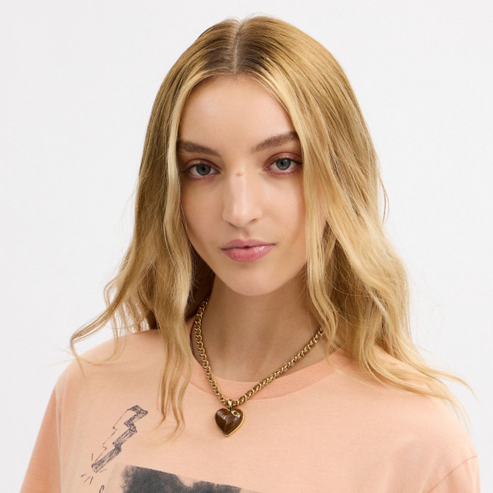 COACH®,Bold Signature Heart Mixed Chain Necklace,Single Strand,Resin,Cubic Zirconia,Fabric Embellishment,Logo,Initials Emb...,Brown,Detail View