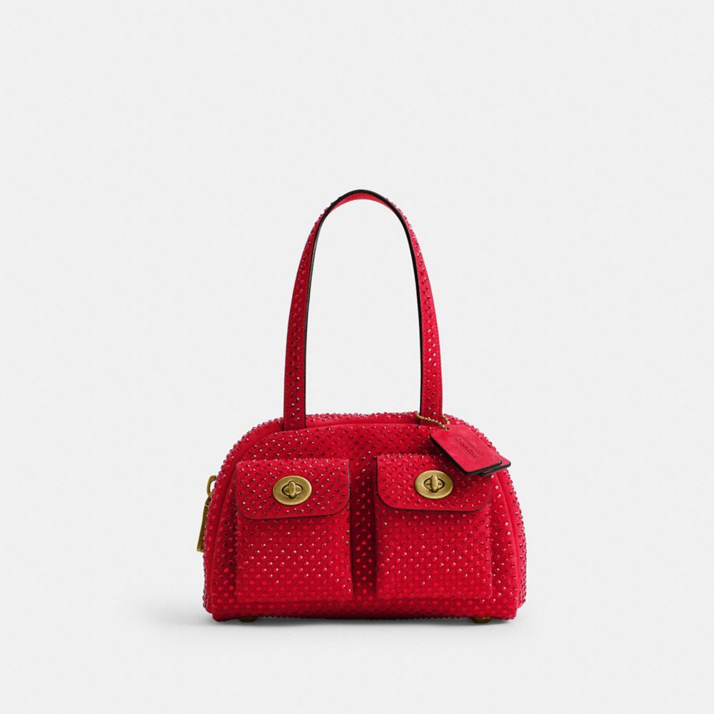 COACH®,Twin Turnlock Bag 20 With Crystal,Suede,Bowler Bag,Crystal,Gem Embellishment,Embellished,Brass,Party,Red,Front View