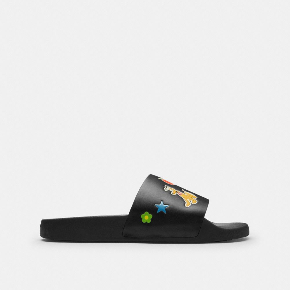 COACH®,Disney X Coach Slide With Sticker Print,Black,Angle View