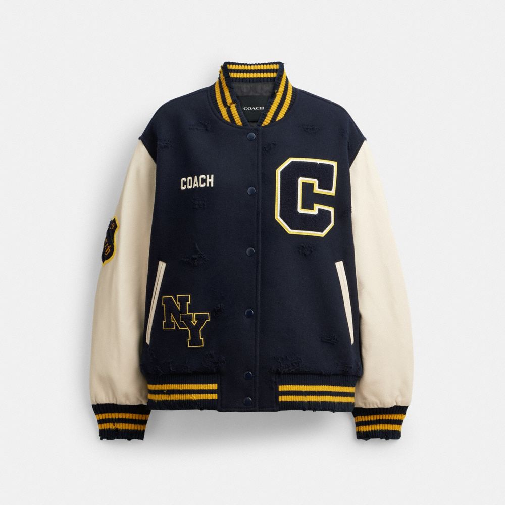 COACH®,Distressed Wool Varsity Jacket,,Front View