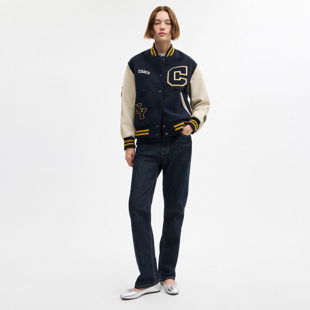 COACH®,Distressed Wool Varsity Jacket,,Scale View