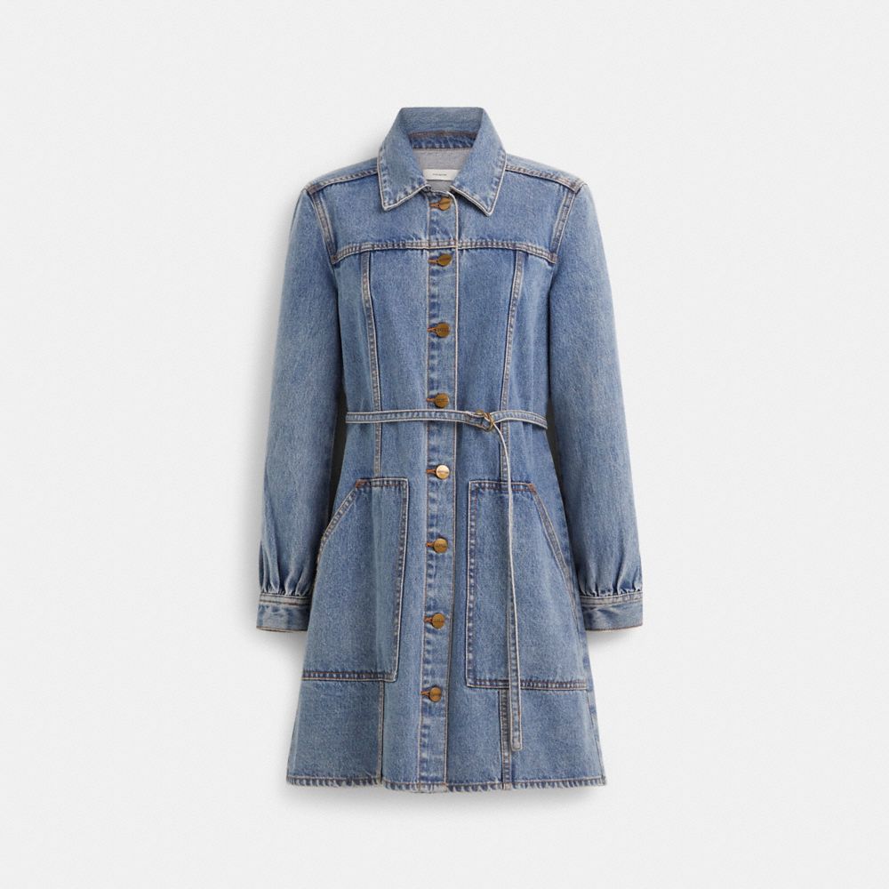 COACH®,Restored Denim Dress,Denim,Cotton,A-Line,Shirt Dress,Eco-Friendly,Sustainable,Casual,Blue,Front View