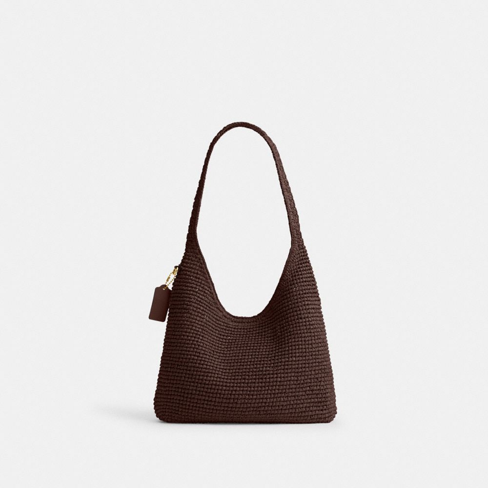 COACH®,Brooklyn Shoulder Bag 28,Calfskin Leather,Hobo,Straw,Logo,Applique,Pendant,Brass,Casual,Brown,Back View
