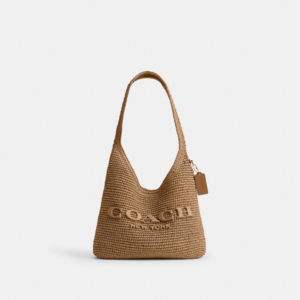 COACH®,Brooklyn Shoulder Bag 28,Calfskin Leather,Hobo,Straw,Logo,Applique,Pendant,Brass,Casual,Beige,Front View