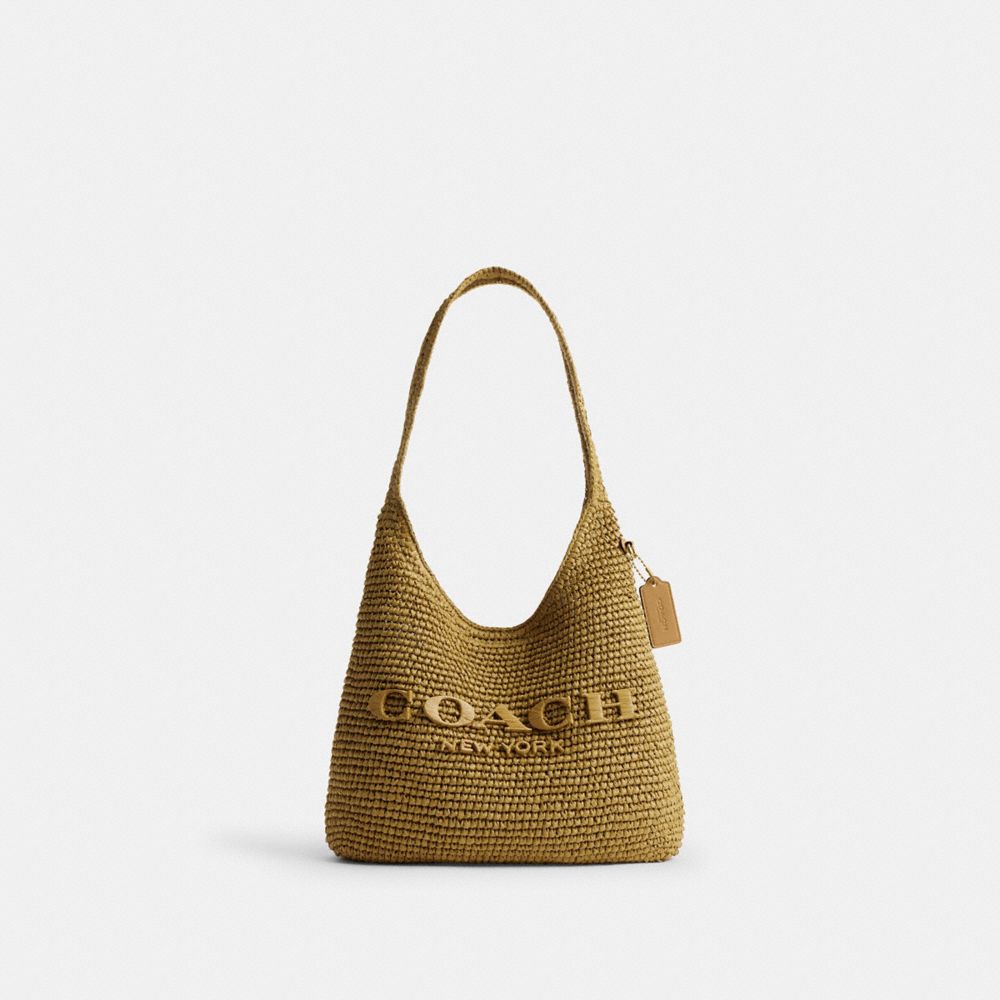 COACH®,Brooklyn Shoulder Bag 28,Calfskin Leather,Hobo,Straw,Logo,Applique,Pendant,Brass,Casual,Beige,Front View