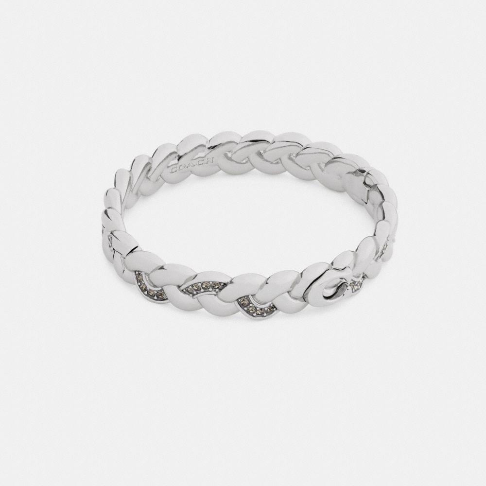 COACH®,Braided Signature Hinged Bangle,Glass,Enamel,Cubic Zirconia,Crystal,Gem Embellishment,Braided,Stackable,Brass,Silve...,Silver,Front View