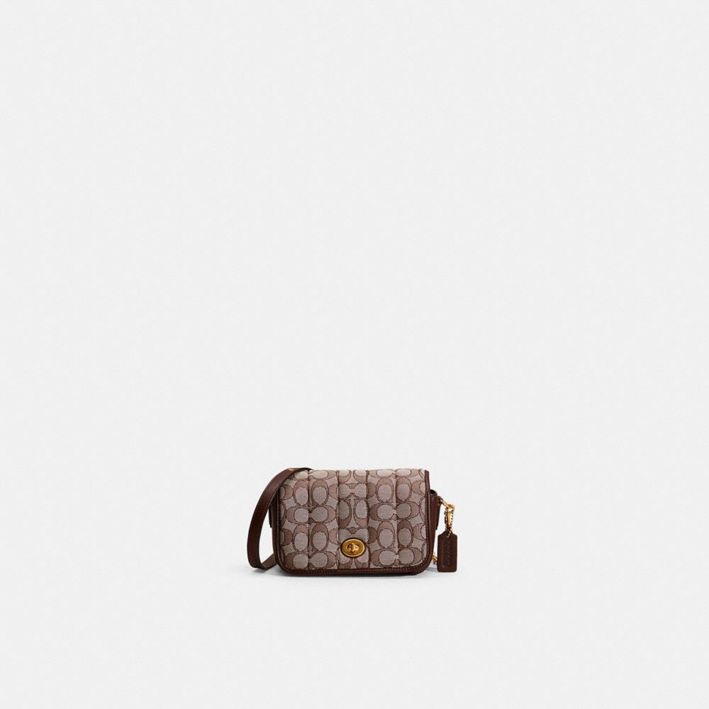 COACH®,Restored Dinky 18 In Signature Jacquard With Quilting,Leather,Crossbody,Piping,Casual,Brown,Front View