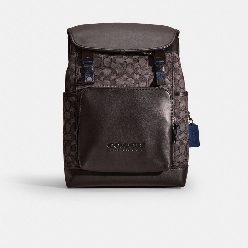 COACH®,Restored League Flap Backpack In Signature Jacquard,Leather,Cotton,Backpack,Plastic,Padded Back Panel,Adjustable,Ca...,Brown,Front View