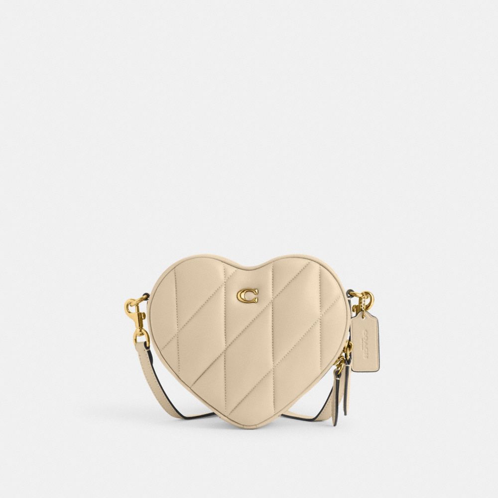 COACH®,Heart Crossbody Bag With Quilting,Leather,Crossbody,Metal,Logo,Gold Metal,Casual,Beige,Front View