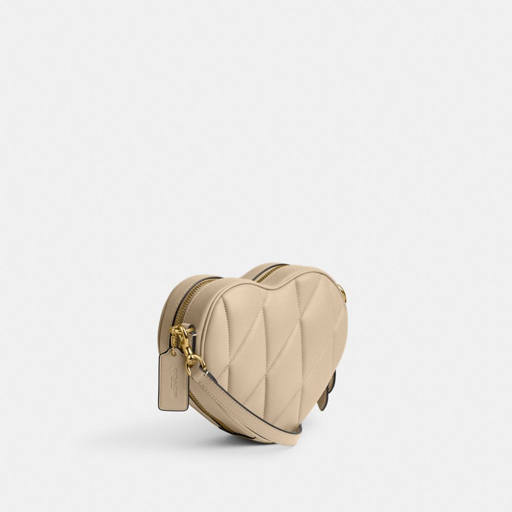 COACH®,Heart Crossbody Bag With Quilting,Leather,Crossbody,Metal,Logo,Gold Metal,Casual,Beige,Angle View
