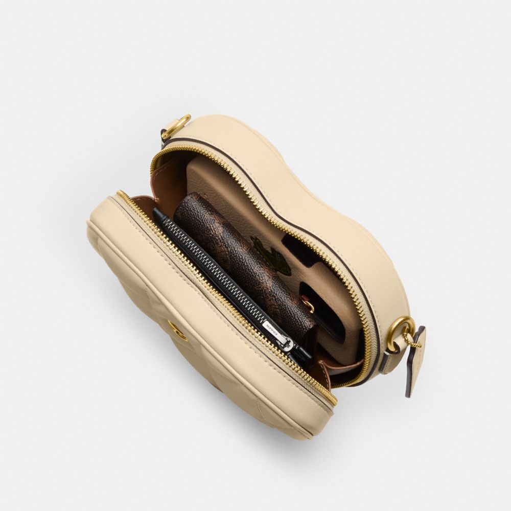 COACH®,Heart Crossbody Bag With Quilting,Leather,Crossbody,Metal,Logo,Gold Metal,Casual,Beige,Inside View,Top View