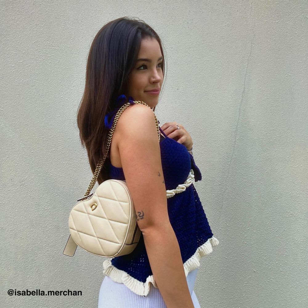 COACH®,Heart Crossbody Bag With Quilting,Leather,Crossbody,Metal,Logo,Gold Metal,Casual,Beige