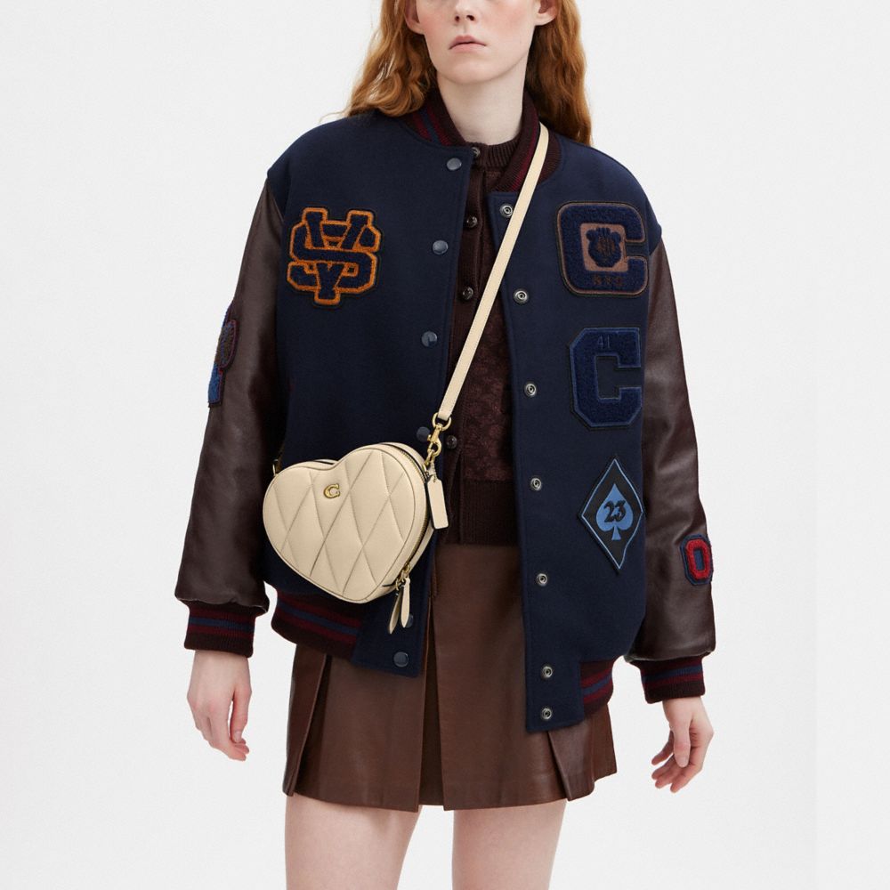 COACH®,Heart Crossbody Bag With Quilting,Leather,Crossbody,Metal,Logo,Gold Metal,Casual,Beige,Detail View