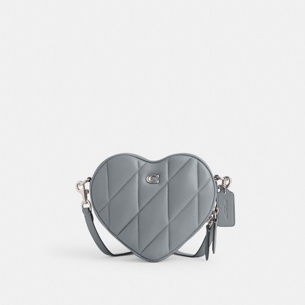 COACH®,Heart Crossbody Bag With Quilting,Leather,Crossbody,Metal,Logo,Gold Metal,Casual,Gray,Front View