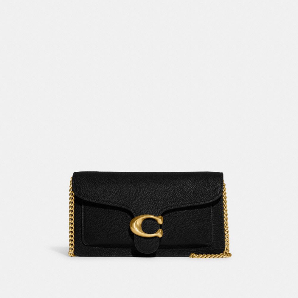 COACH®,Tabby Chain Clutch,Leather,Clutch,Logo,Metal,Gusset,Gold Metal,Day Party,Black